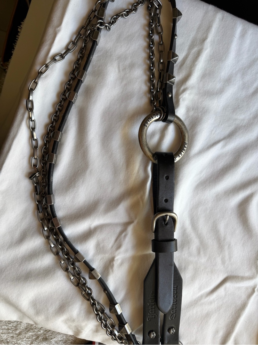 Harley Davidson- Leather and Gunmetal Chain Strap with Ring Accent